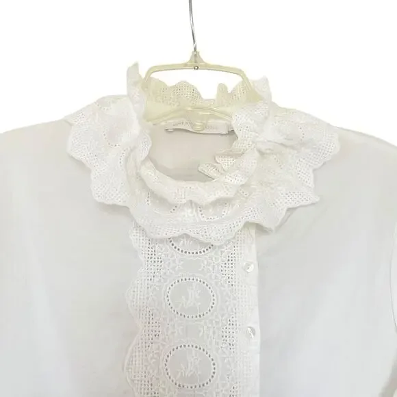Anne Fontaine White 3/4 Bell Sleeve Embroidered Lace Ruffle Collar Blouse Sz 10 - Picture 4 of 10